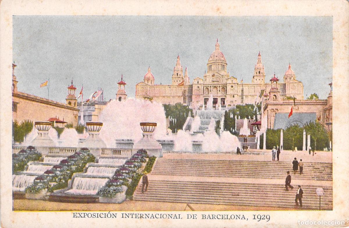Postales: Postal de la Escalinata del Palacio Nacional en Barcelona
