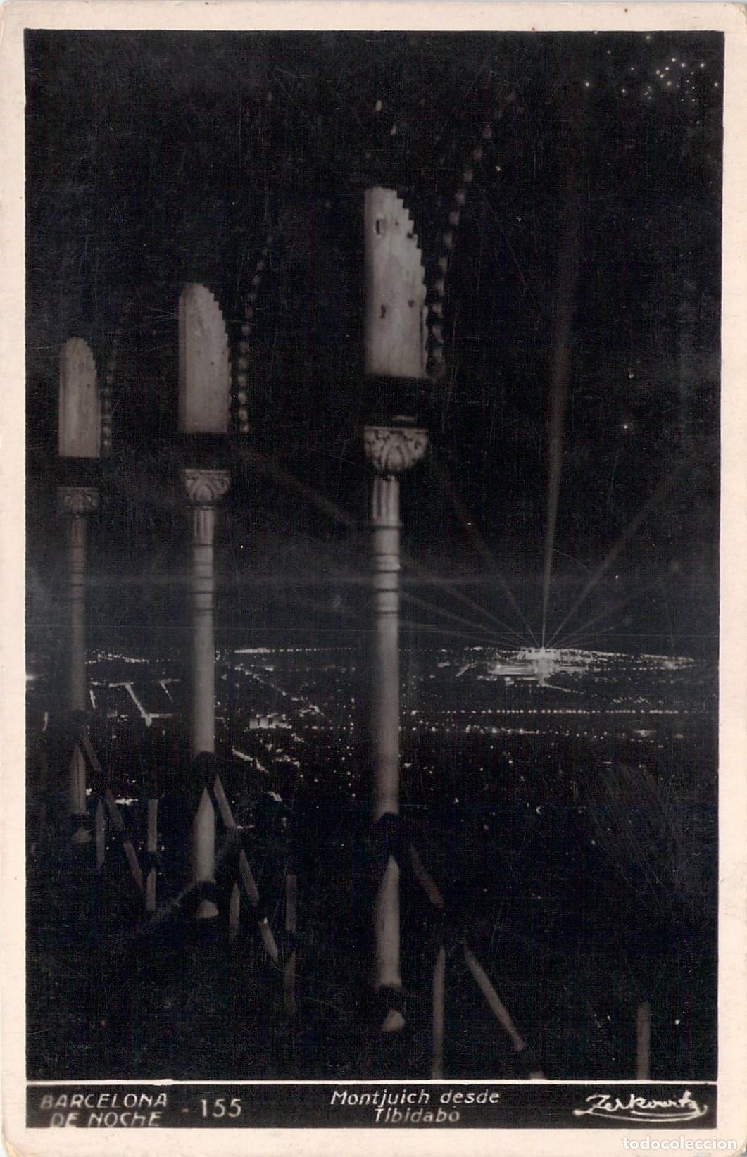 Postales: Postal Barcelona de Noche: Montjuich desde el Tibidabo por Zerkowitz