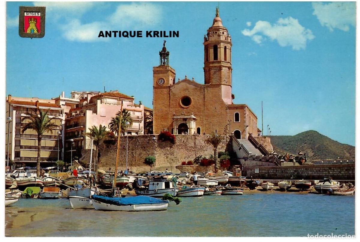 Postales: SITGES N&ordm; 28 PUERTO E IGLESIA / EDICION ESCUDO DE ORO / FRANQUEADA
