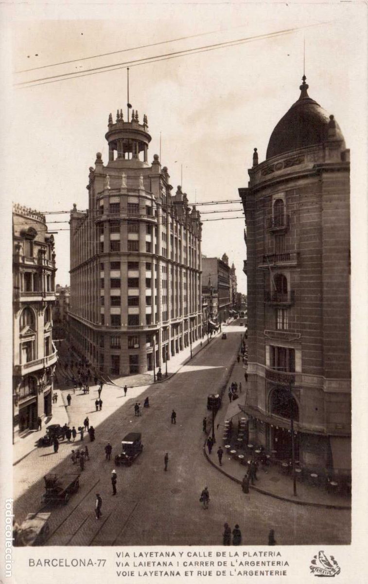 Postales: POSTAL BARCELONA -77 VIA LAYETANA Y CALLE DE LA PLATERIA ORIOL