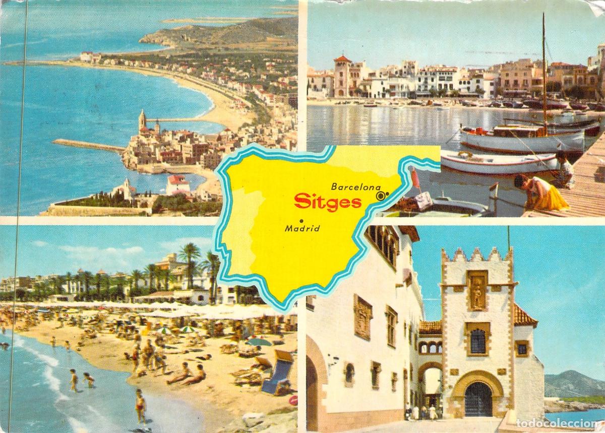 Postales: Postal de Sitges Barcelona Vistas Variadas y Mapa de Espa&ntilde;a