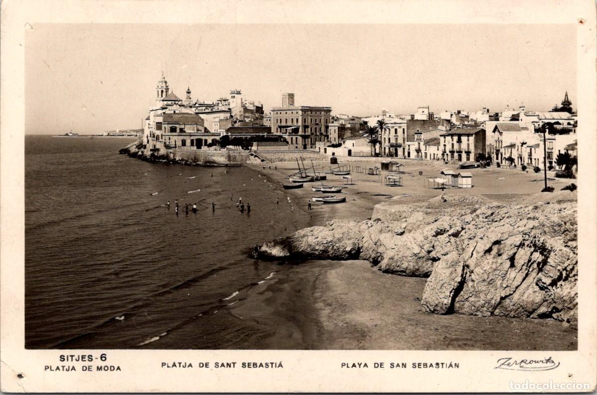Postales: Sitges - Platja de Sant Sebasti&agrave; - Zerkowitz 6 - 141x92mm