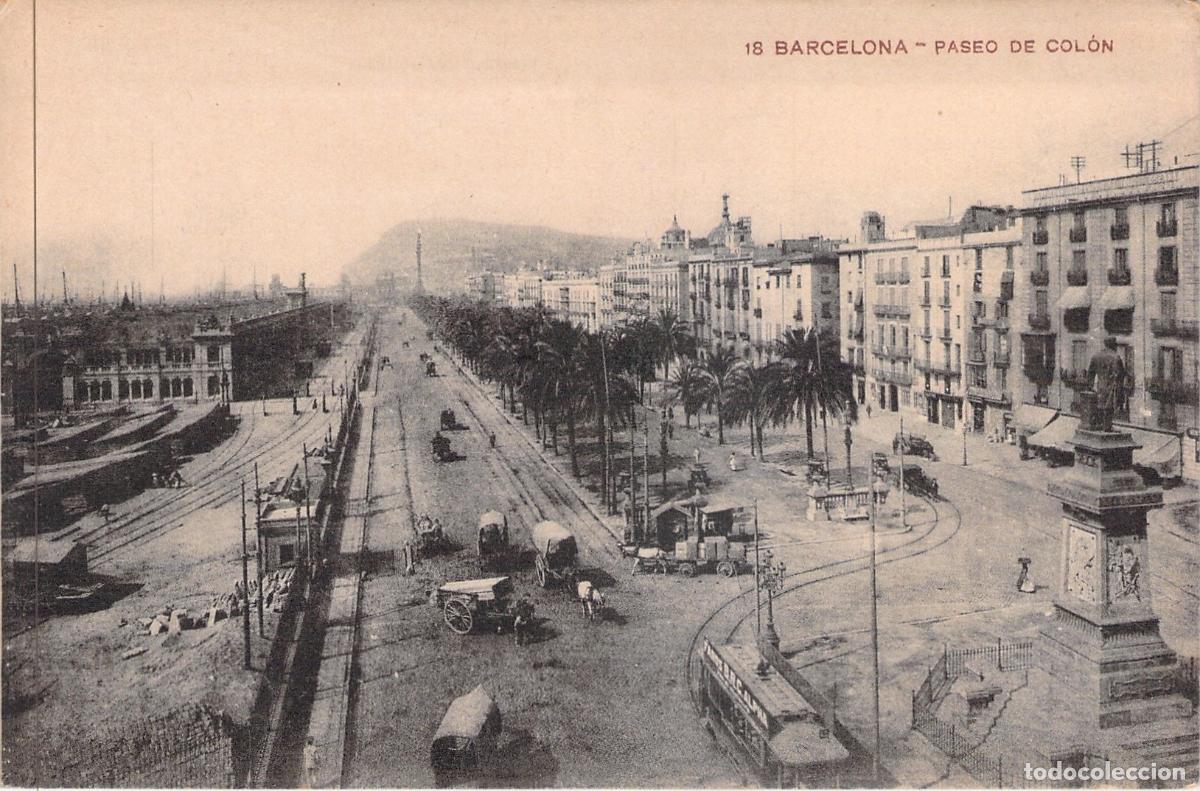 Postales: Postal de Barcelona - Paseo de Col&oacute;n con Tranv&iacute;as y Carruajes