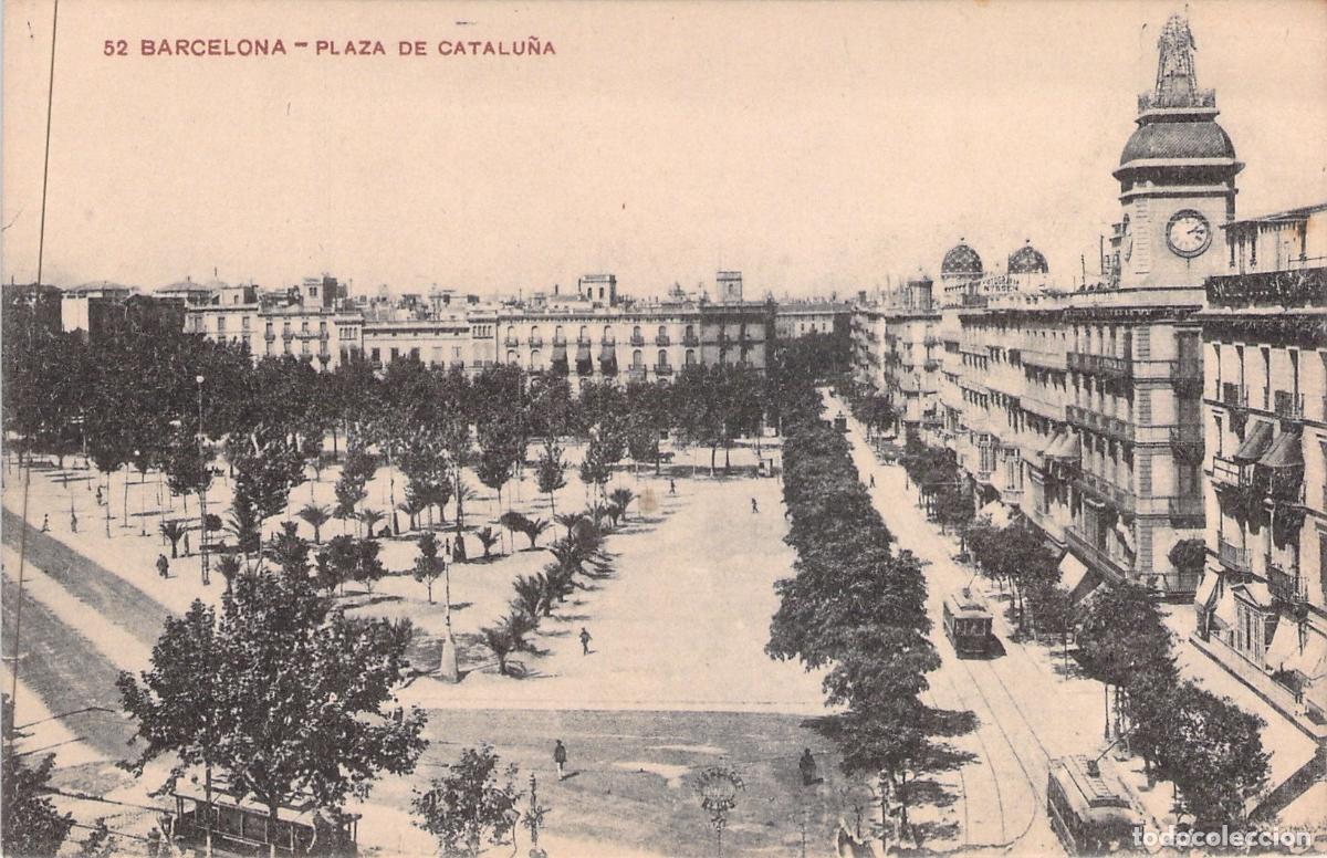 Postales: Postal de la Plaza de Catalu&ntilde;a en Barcelona con Tranv&iacute;as