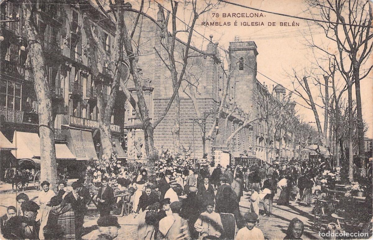 Postales: Postal de Barcelona: Las Ramblas e Iglesia de Bel&eacute;n