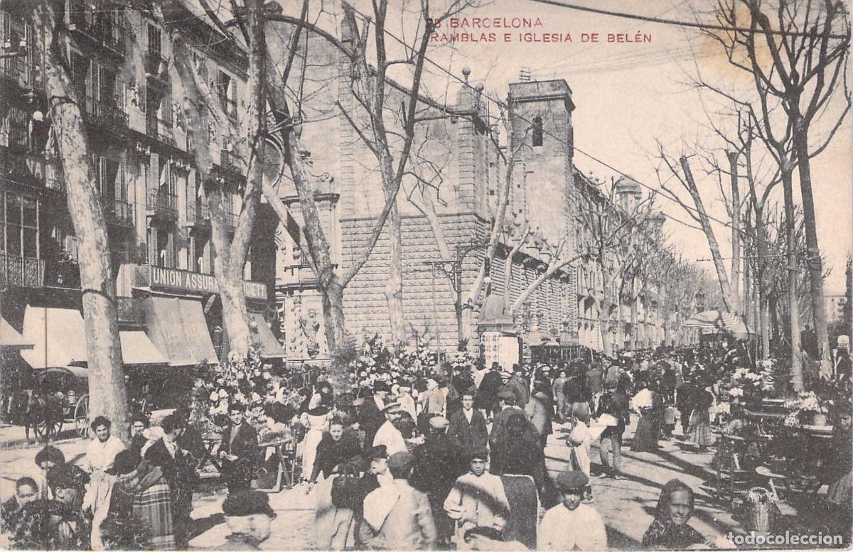 Postales: Postal de Barcelona: Las Ramblas e Iglesia de Bel&eacute;n
