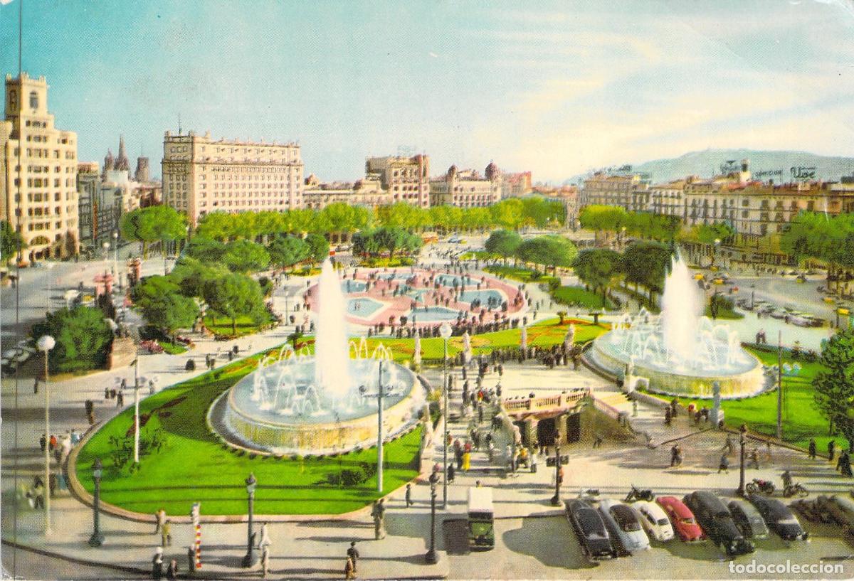 Postales: Postal de la Plaza de Catalu&ntilde;a en Barcelona con Fuentes