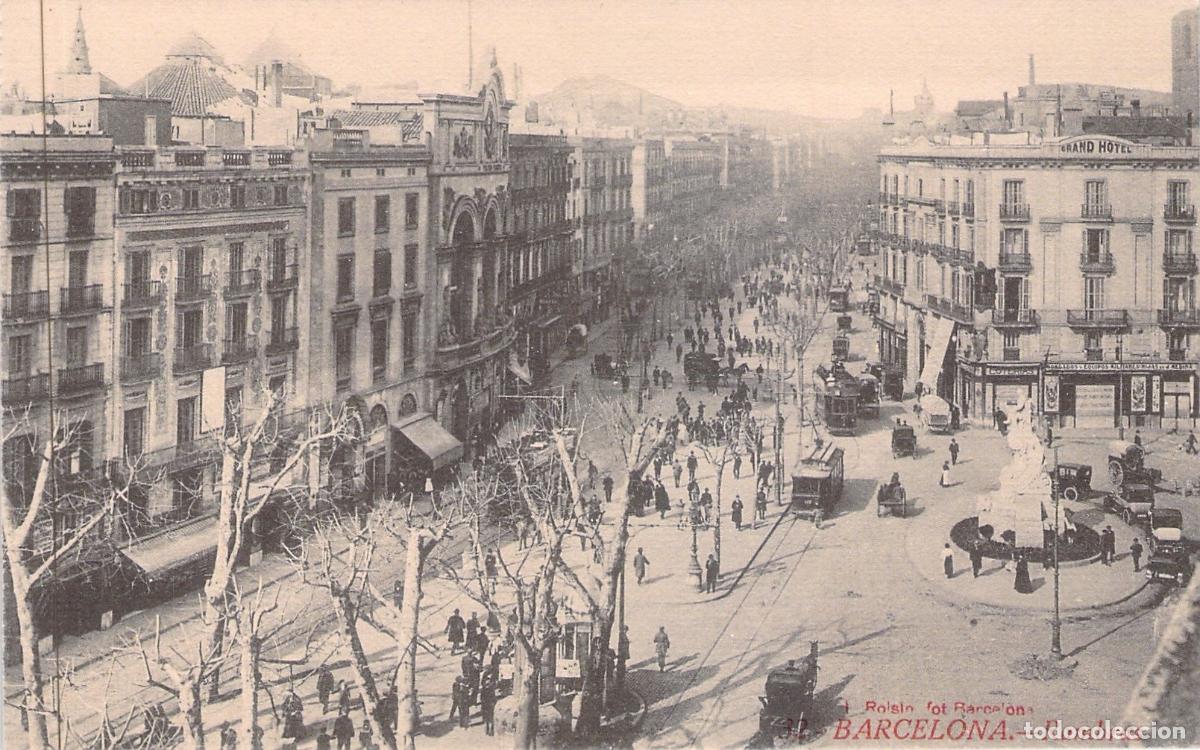 Postales: Postal de Las Ramblas de Barcelona con Tranv&iacute;as y Gran Hotel