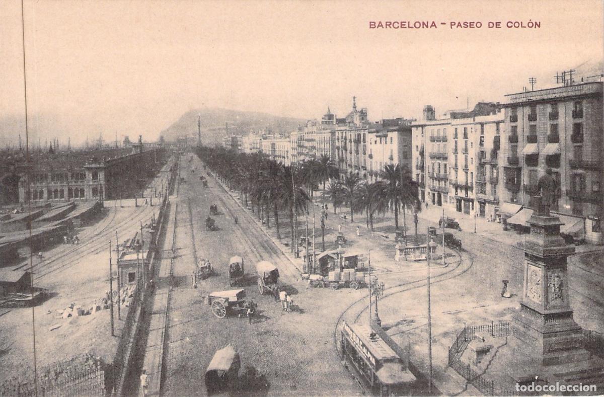 Postales: Postal de Barcelona: Paseo de Col&oacute;n con Tranv&iacute;a y Carruajes