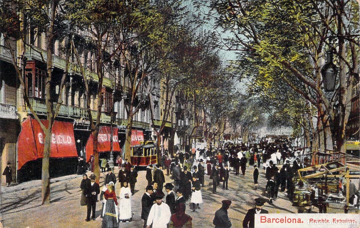 Postales: Postal de Barcelona - La Rambla de los Estudios con Tranv&iacute;a