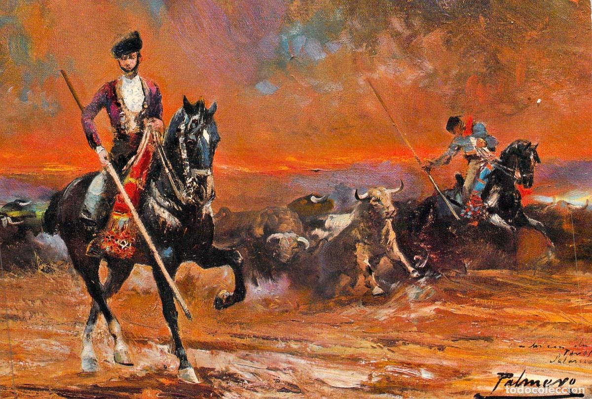 Postales: Postal Arte &Oacute;leo de Alfredo Palmero Ganadero con Caballos y Toros