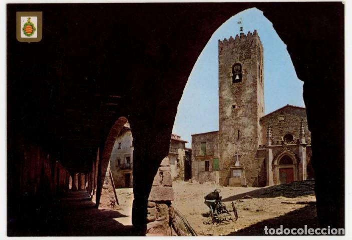Postales: m11611 Santa Pau Porticos Plaza Con Iglesia Y Campanario Romanico De Santa Maria 1965 Escudo sc
