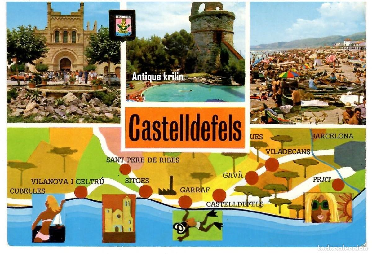 Postales: CASTELLDEFELS N&ordm; 6576 VARIAS VISTAS / ESCUDO DE ORO / FRANQUEADA