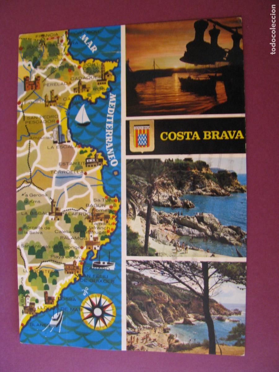 Postcards: POSTAL DE COSTA BRAVA. ATARDECER EN EL PUERTO. ACANTILADOS. ESCUDO DE ORO. CIRCULADA