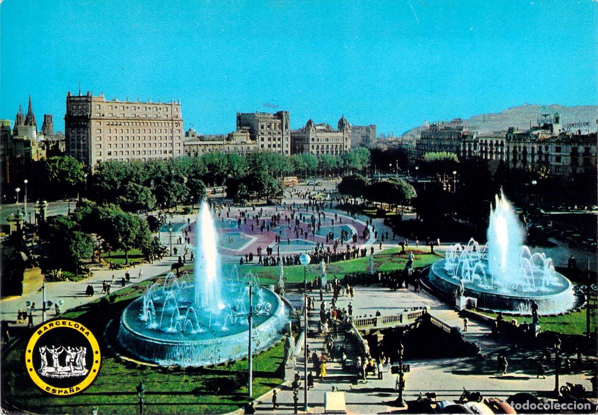Postales: Postal Plaza de Catalu&ntilde;a en Barcelona con Fuentes