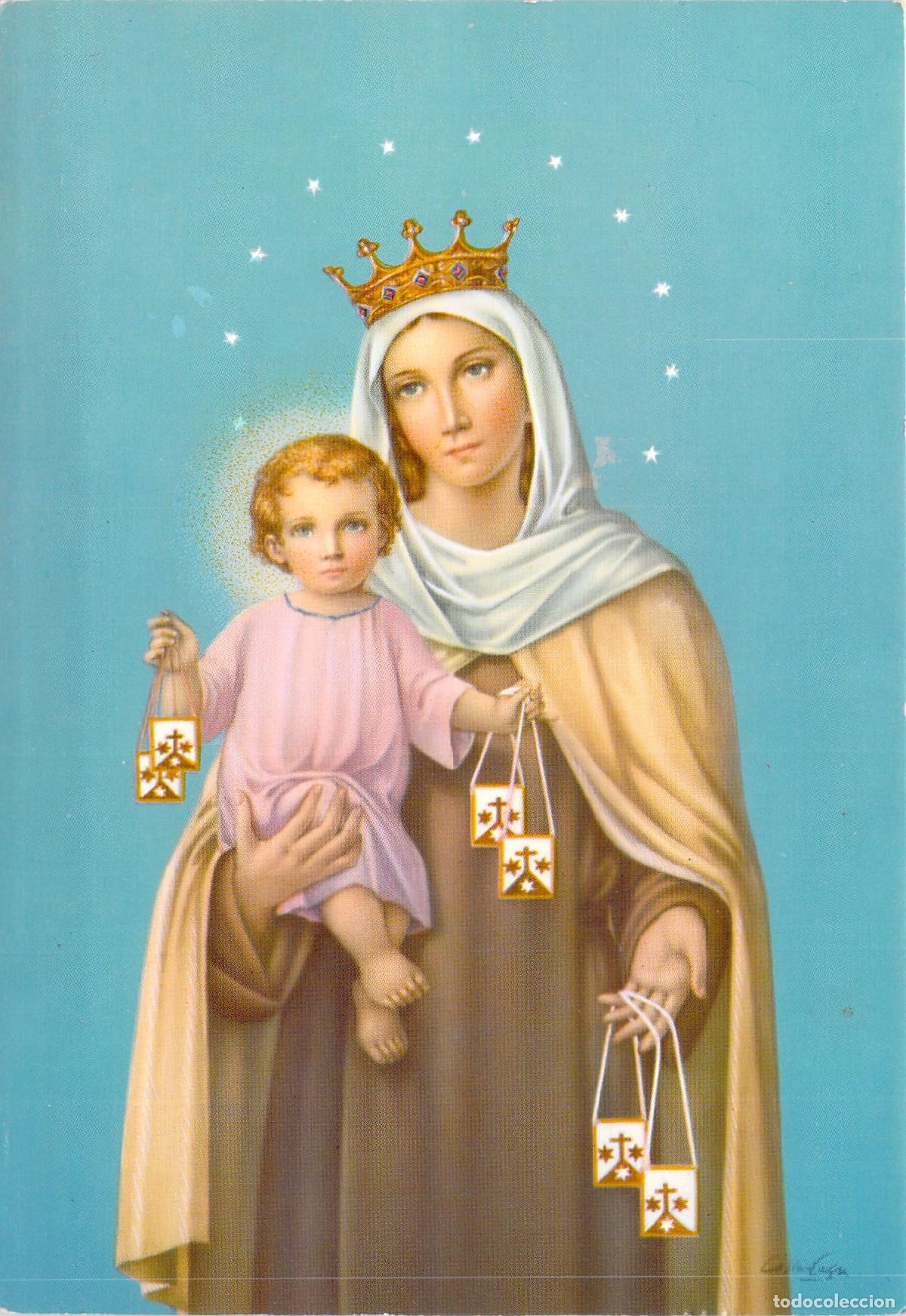 Postales: Postal de la Virgen del Carmen con el Ni&ntilde;o Jes&uacute;s y Escapularios