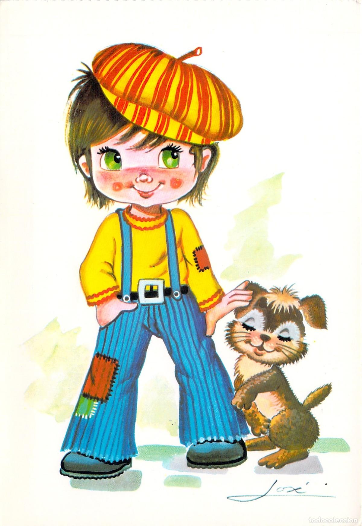 Postales: Postal Ilustraci&oacute;n Infantil de Ni&ntilde;o con Perro Colecci&oacute;n Oto&ntilde;o
