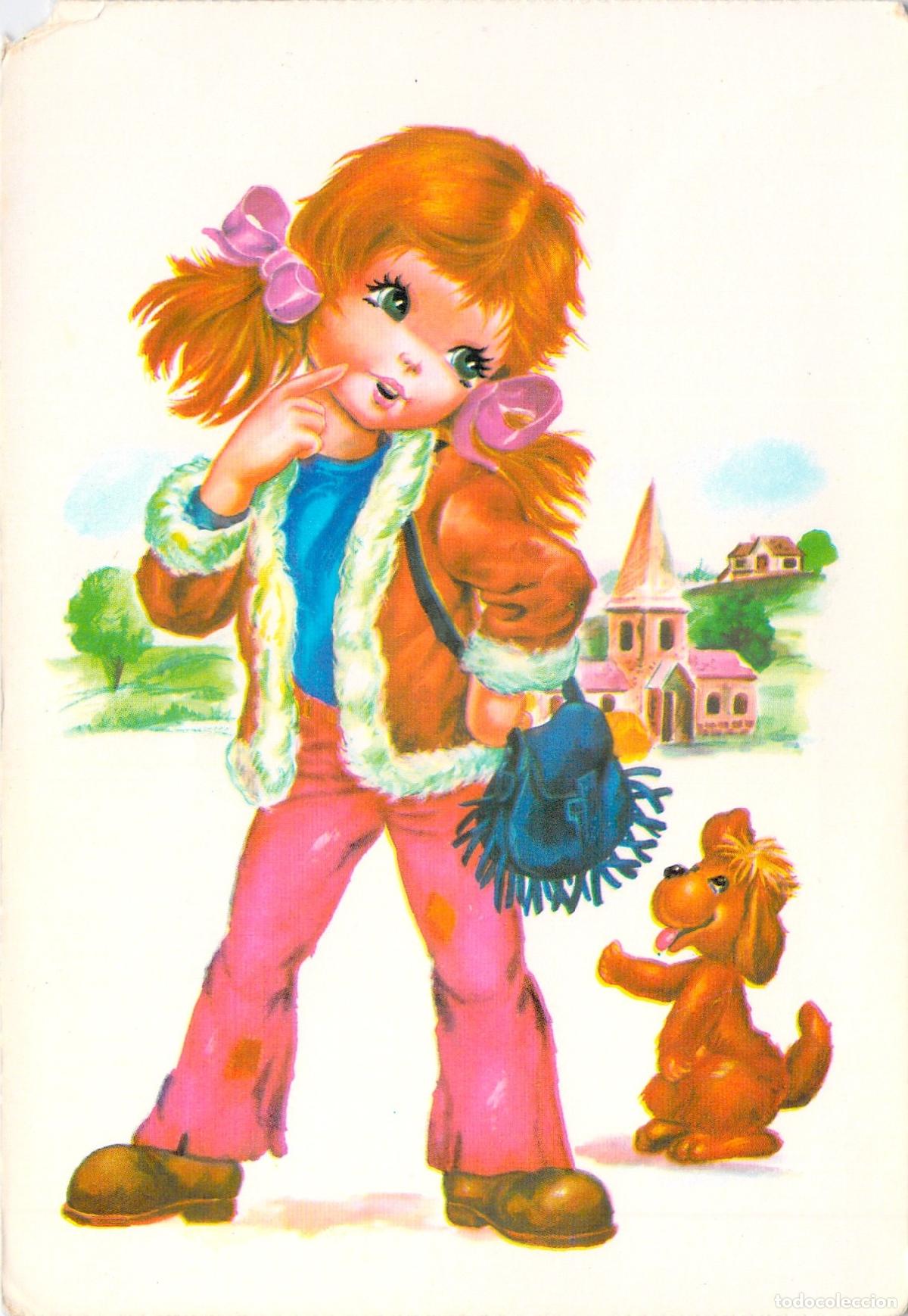 Postales: Postal Infantil Ilustrada de Ni&ntilde;a con Perro por Bergas