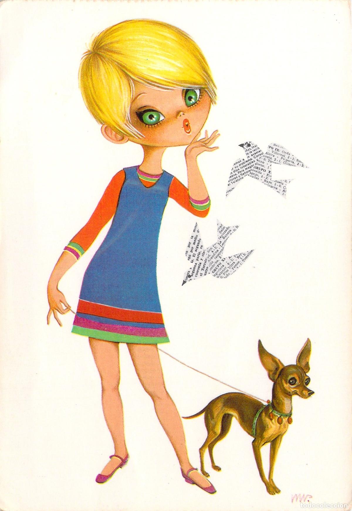 Postales: Postal Ilustraci&oacute;n Chica Mod y Perro Tuset Street