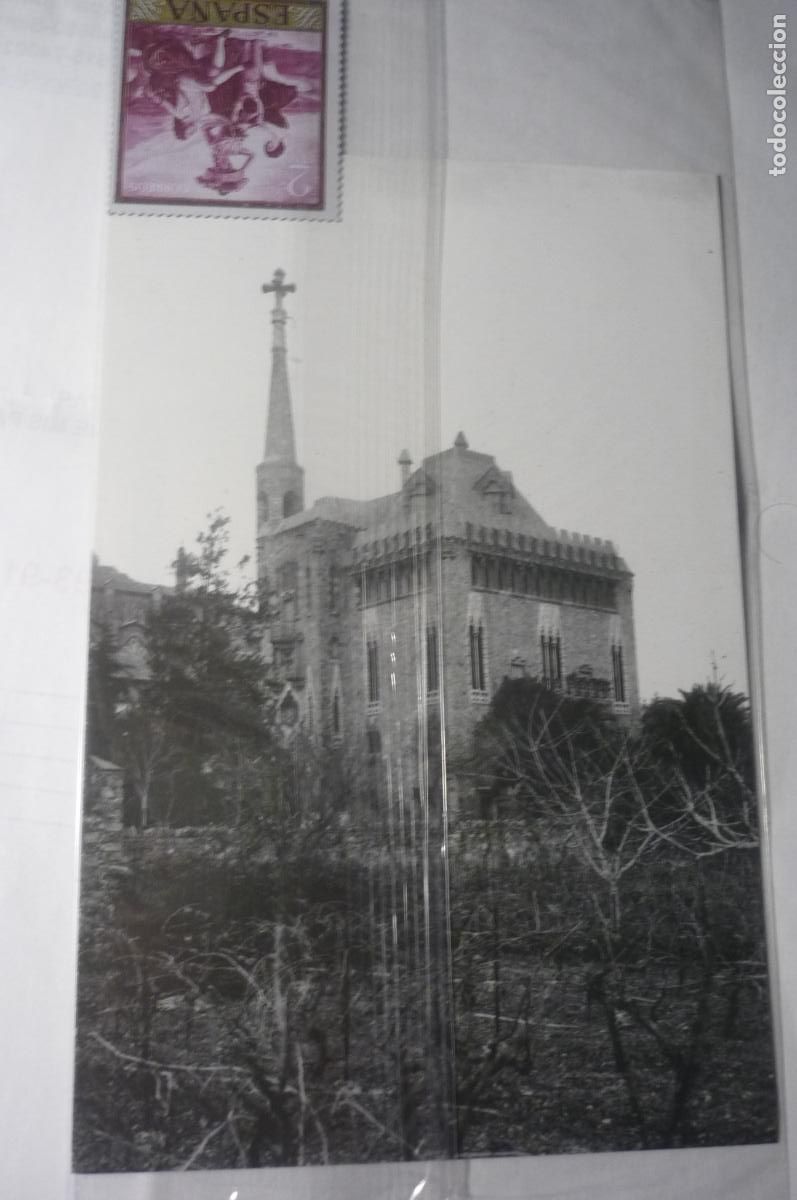 Postales: lote tarjeta edificio bellesguard -dorso historia y sello metalico espa&ntilde;a-