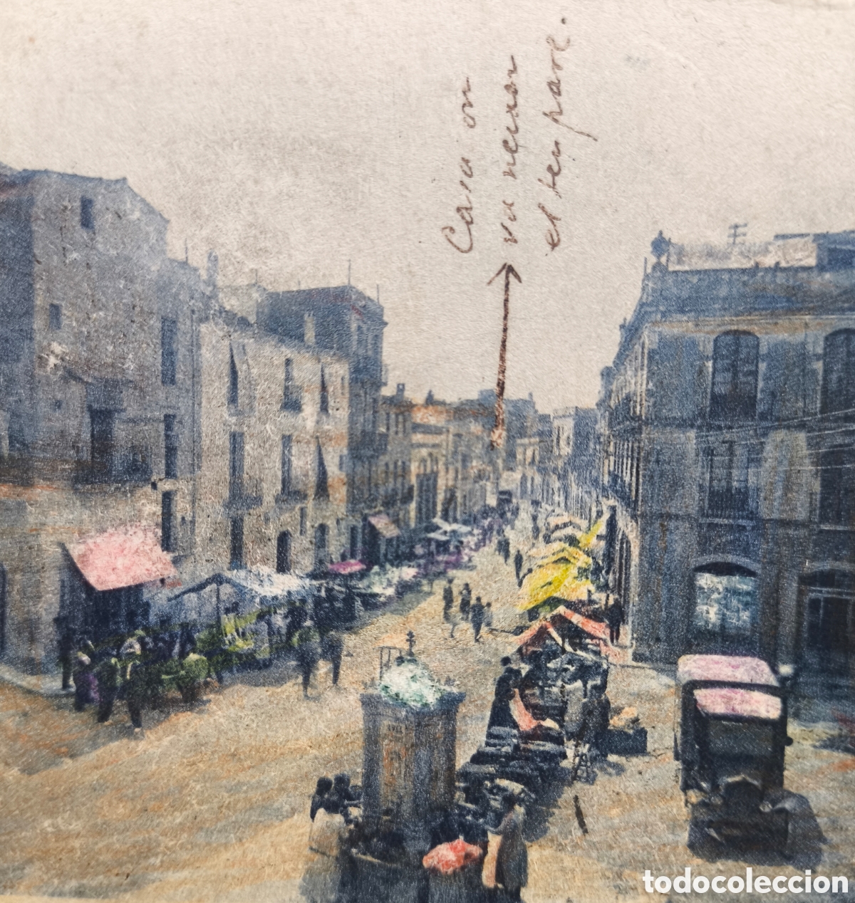 Postales: VILANOVA I LA GELTR&Uacute; PLA&Ccedil;A DEL POU I MERCAT POSTAL COLOREADA CLIX&Eacute; ARTIGUES CIRCULADA 1930