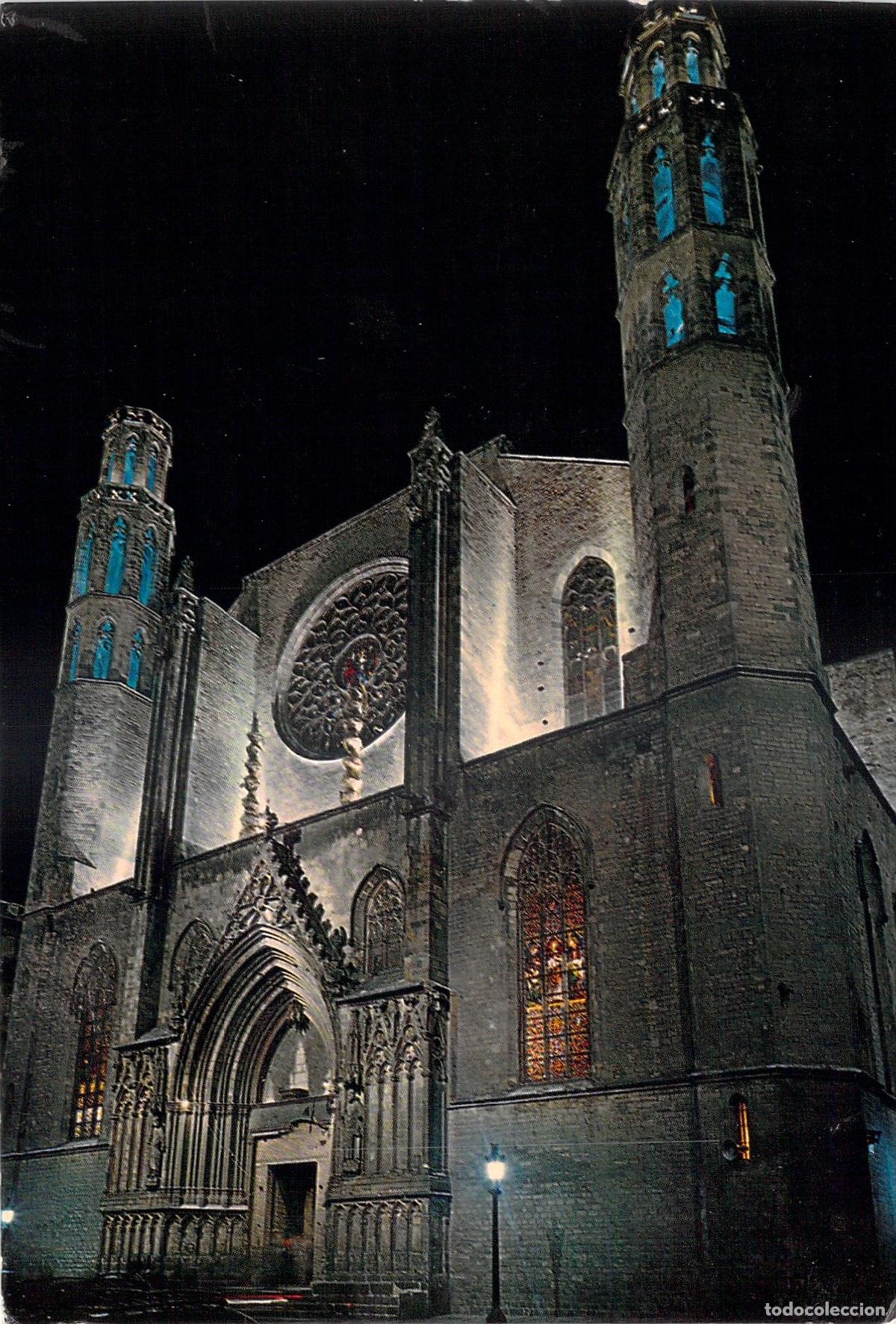 Postales: Postal Bas&iacute;lica de Santa Mar&iacute;a del Mar en Barcelona de Noche