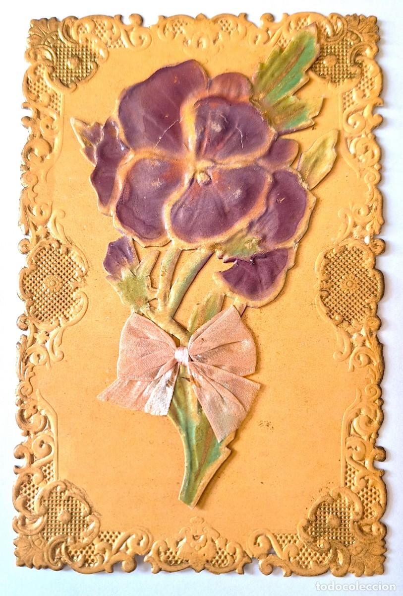 Postales: POSTAL MUY ANTIGUA COLOR - TROQUELADA CON RELIEVE - MANUSCRITA EN 1908 - FELICITACION CON FLOR