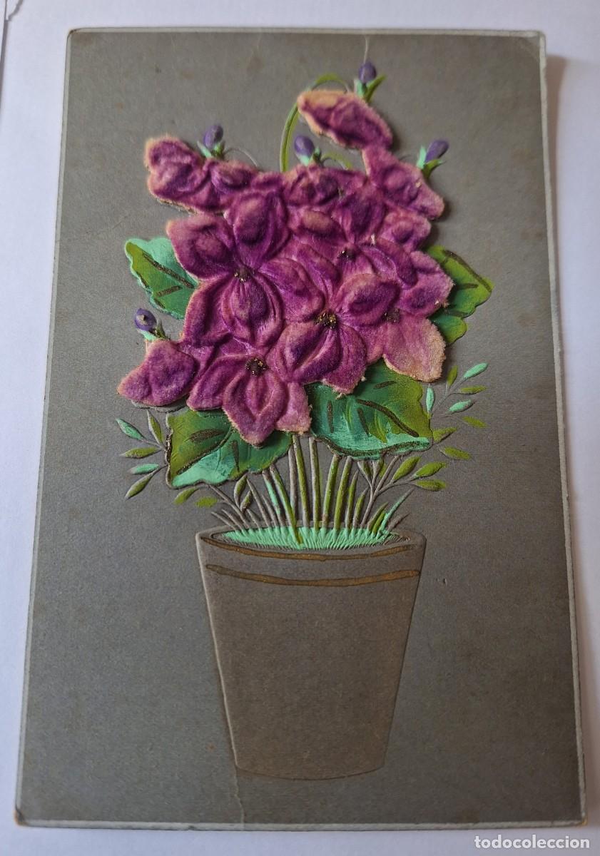Postales: POSTAL MUY ANTIGUA COLOR - CON RELIEVE - MANUSCRITA EN 1907 - TIESTO CON FLOR