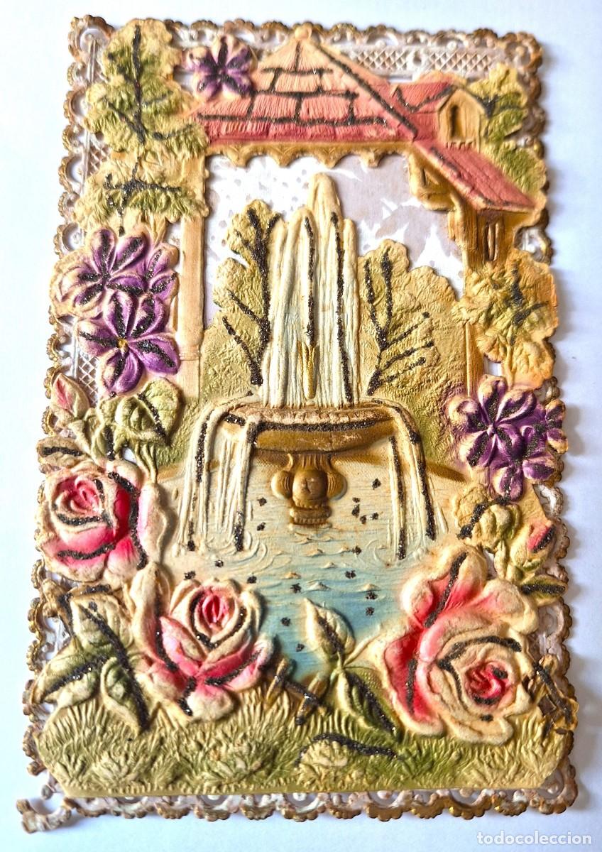 Postales: POSTAL MUY ANTIGUA COLOR-TROQUELADA CON RELIEVE Y PUNTILLAS - MANUSCRITA EN 1909 - FUENTE Y FLORES