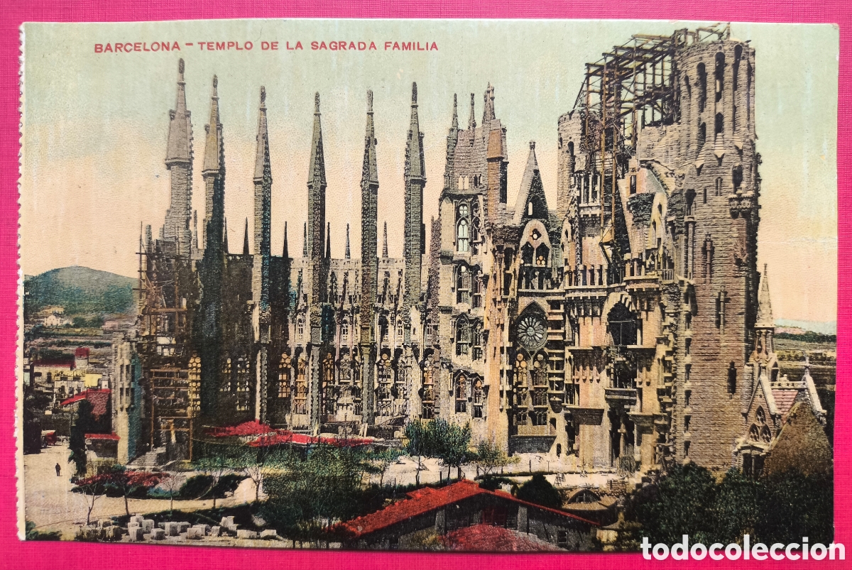 Postales: BARCELONA TEMPLO SAGRADA FAMILIA POSTAL A COLOR SATINADA MISS&Eacute; CIRCULADA 1915