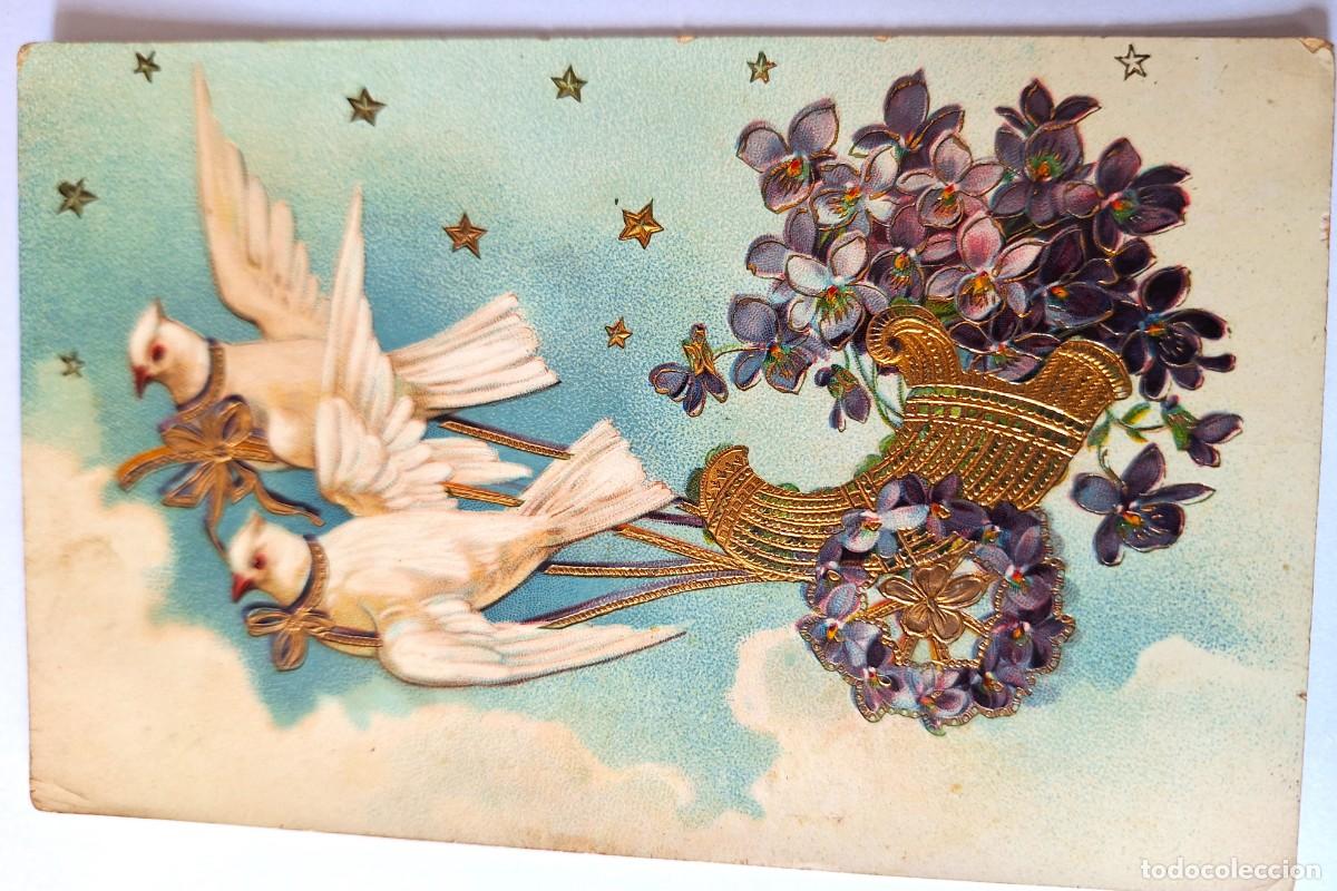 Postales: POSTAL MUY ANTIGUA COLOR - PAJAROS CON FLORES - MANUSCRITA EN 1909 - BUEN ESTADO