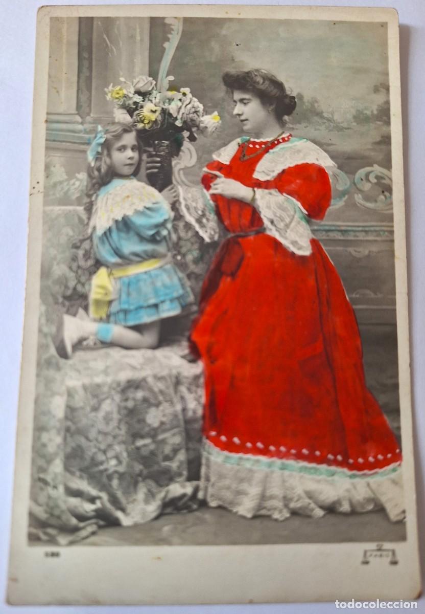 Postales: POSTAL MUY ANTIGUA COLOR - VESTIDOS EPOCA - MUJER Y NI&Ntilde;A - MANUSCRITA EN 1908 - BUEN ESTADO