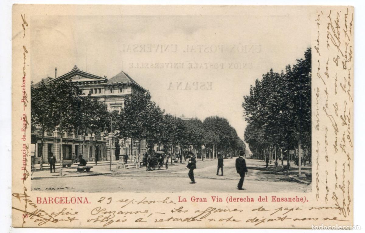 Postales: Barcelona. La Gran V&iacute;a (derecha del Ensanche), circulada en 1901