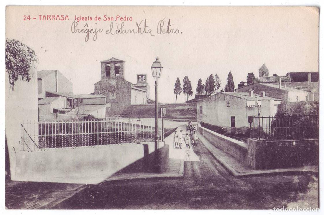 Postales: Tarrasa (Barcelona): Iglesia de San Pedro. Thomas. Escrita en esperanto. Circulada (A&ntilde;os 10)