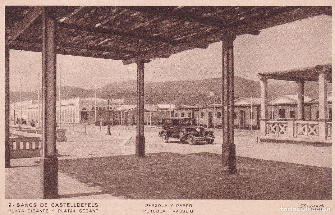 Postales: CASTELLDEFELS - 9. BA&Ntilde;OS, PLAYA GRANDE. P&Eacute;RGOLA Y PASEO (ZERKOWITZ)