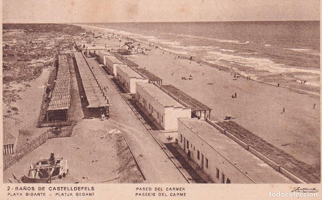 Postales: CASTELLDEFELS - 2. BA&Ntilde;OS, PLAYA GRANDE. PASEO DEL CARMEN (ZERKOWITZ)