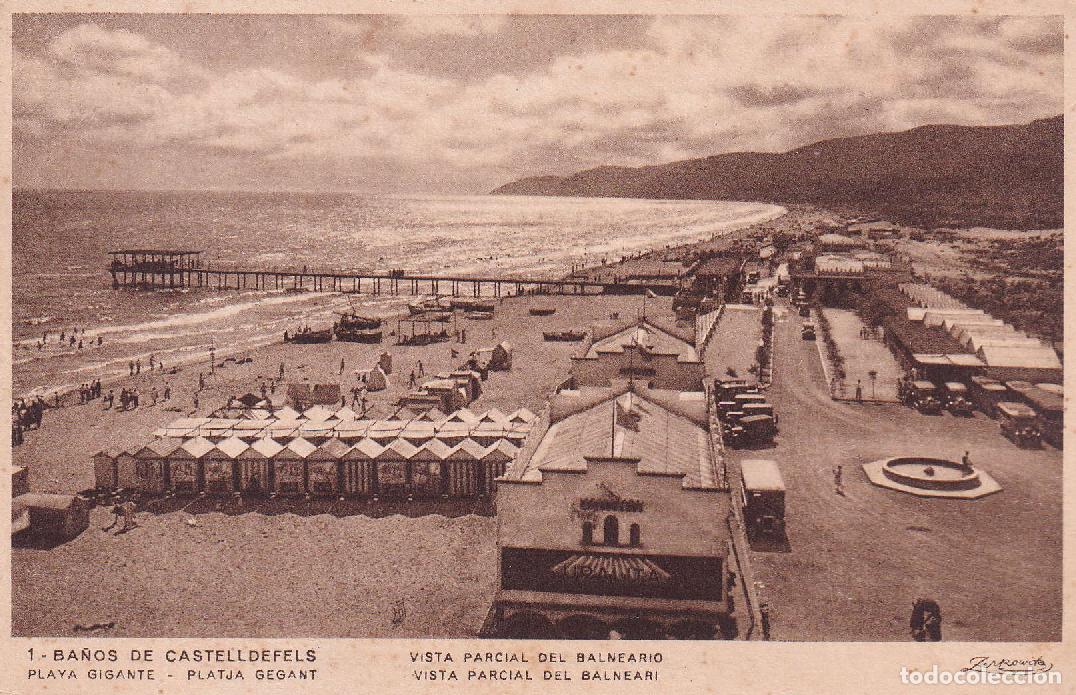 Postales: CASTELLDEFELS - 1. BA&Ntilde;OS, PLAYA GRANDE. VISTA PARCIAL DEL BALNEARIO (ZERKOWITZ)