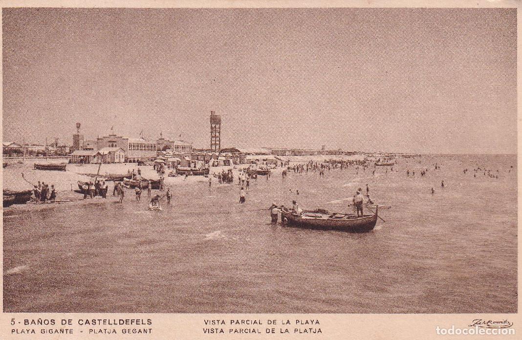 Postales: CASTELLDEFELS - 5. BA&Ntilde;OS, PLAYA GRANDE. VISTA PARCIAL DE LA PLAYA (ZERKOWITZ)
