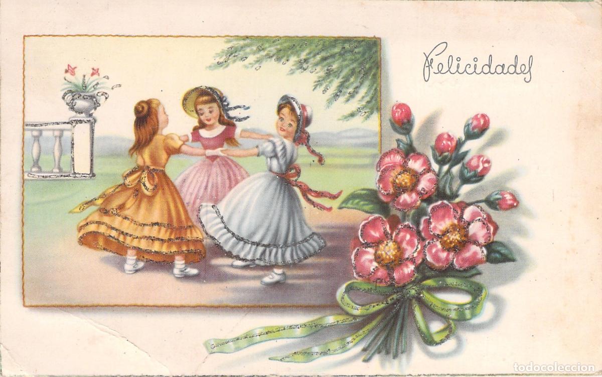 Postales: Postal Felicidades Ilustraci&oacute;n Infantil Ni&ntilde;as Bailando y Flores