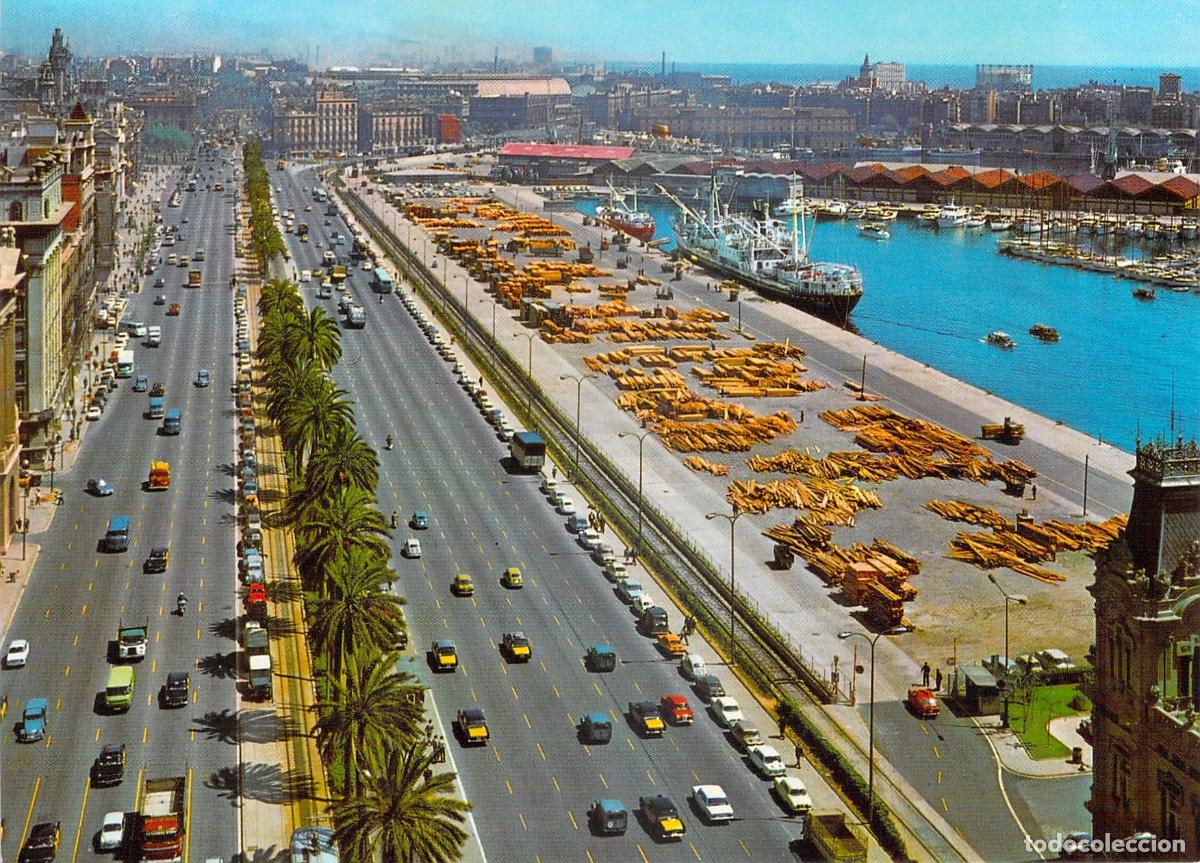 Postales: Postal Barcelona Paseo de Col&oacute;n y Puerto con Tr&aacute;fico