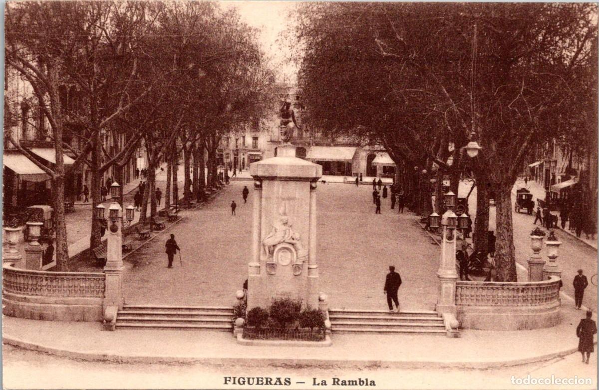 Postales: Figueras - La Rambla - J. Tort- 136x89mm - Monumento a Monturiol - Rev. Datos Manuscritos Monturiol