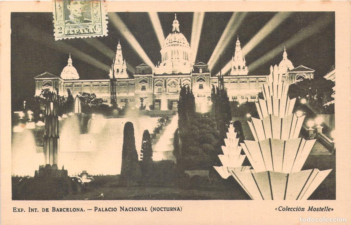 Postales: Postal Palacio Nacional Exposici&oacute;n Internacional de Barcelona Nocturna