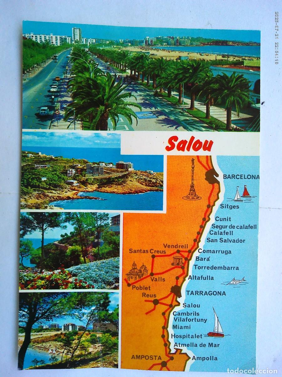 Postales: POSTAL DE SALOU ( COSTA DORADA - TARRAGONA ): DIVERSOS ASPECTOS DE LA VILLA. A&Ntilde;OS 60 , CON MAPA