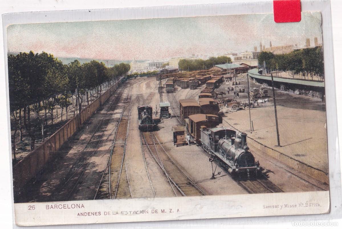 Postales: 26 Barcelona. Andenes de la Estaci&oacute;n de M. Z. A Samsot y Misse hermanos. Locomotora. Tren.