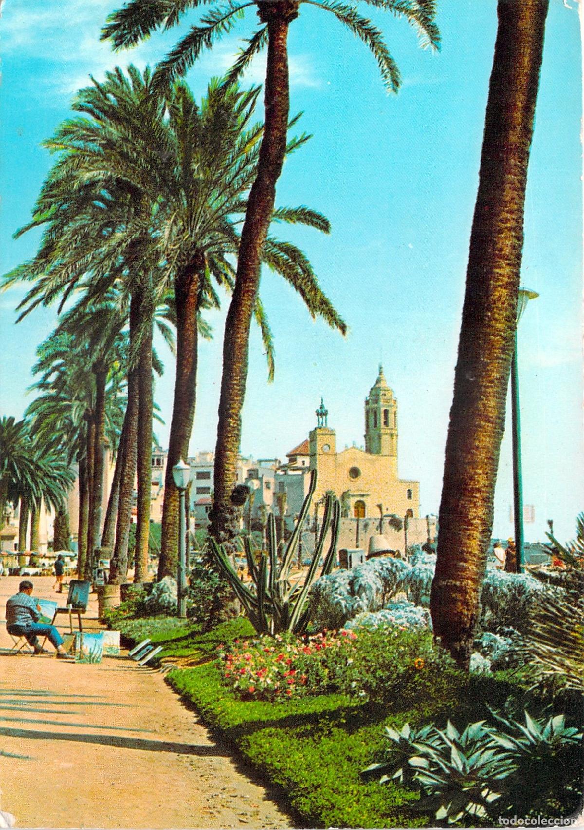 Postales: Postal de Sitges: Paseo de la Ribera e Iglesia de Sant Bartomeu - Foto 1