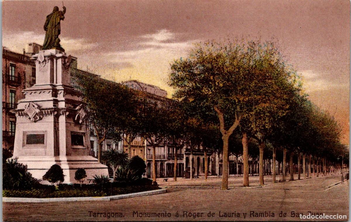 Postales: Tarragona - Monumento a Roger de Lauria y Rambla San Juan - Ed. Anguela Hnos. - Coloreada - 137x87mm