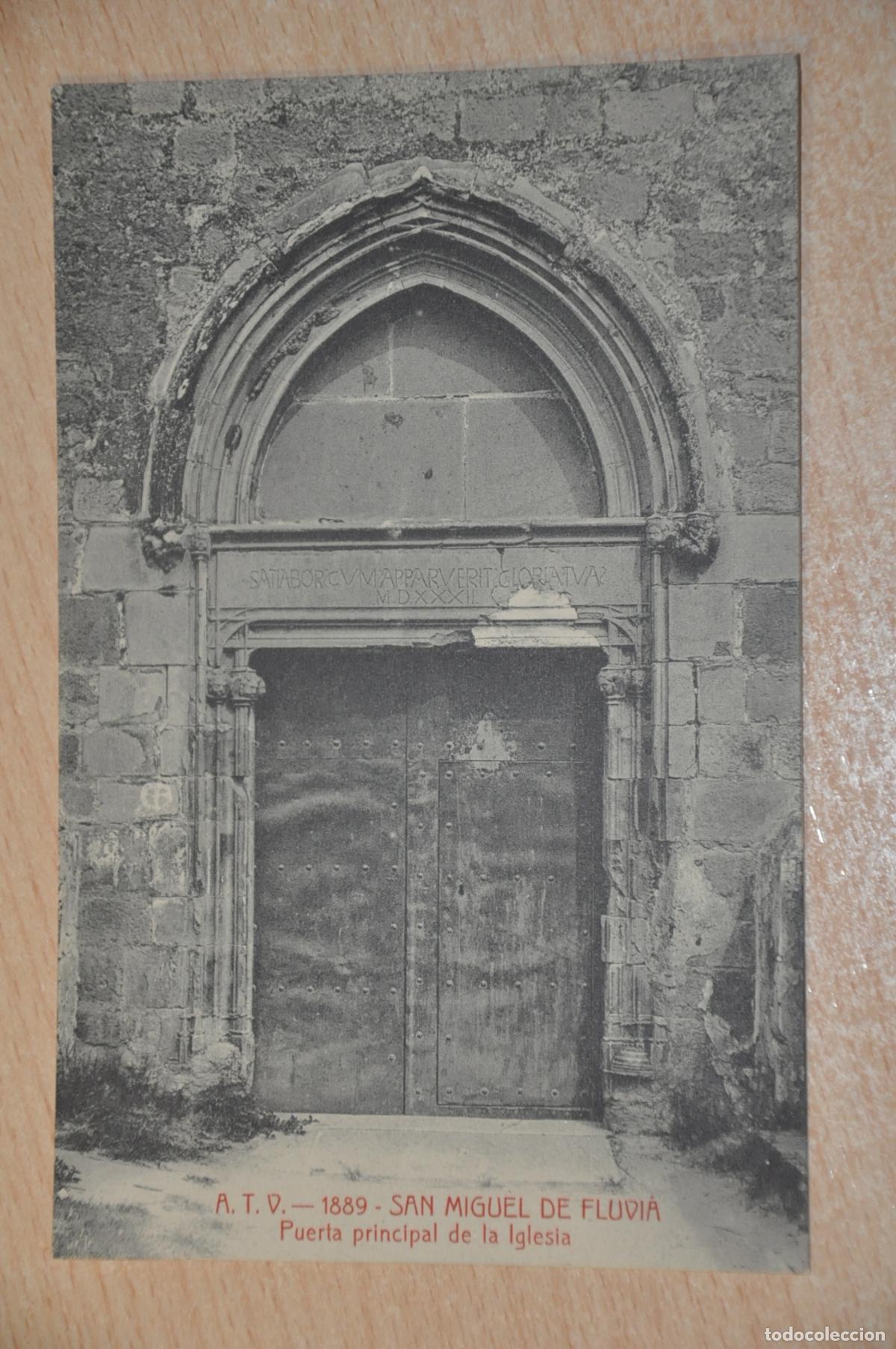 Postales: postal san miguel de fluvia, puerta principal de la iglesia, atv 1889