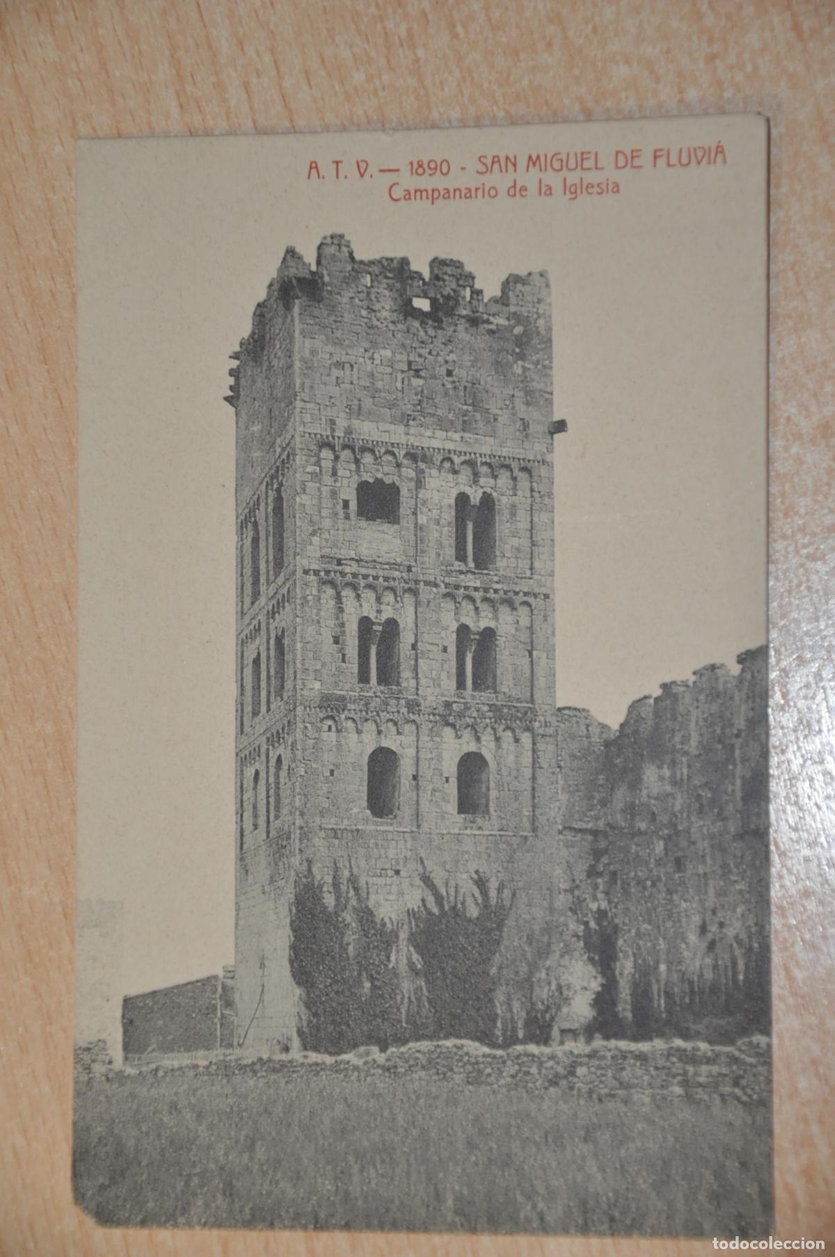 Postales: postal san miguel de fluvia, campanario de la iglesia, atv 1890