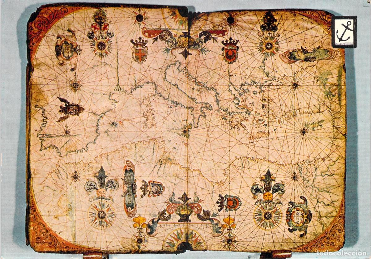 Postales: Postal Portulano del Mediterr&aacute;neo Atlas de Francisco Oliva Museo Mar&iacute;timo