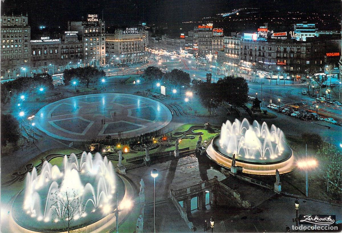 Postales: Postal de Barcelona - Vista Nocturna de la Plaza de Catalu&ntilde;a